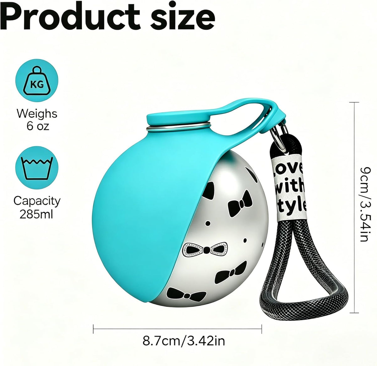Measurements of the Trotzee dog water bottle and its 285 ml capacity