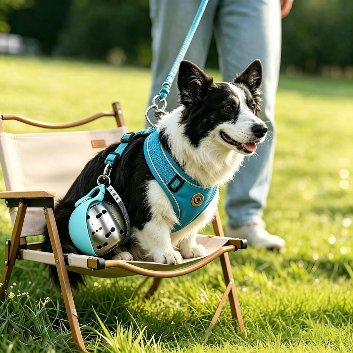Border collie sitting on the grass beside the Trotzee water bottle