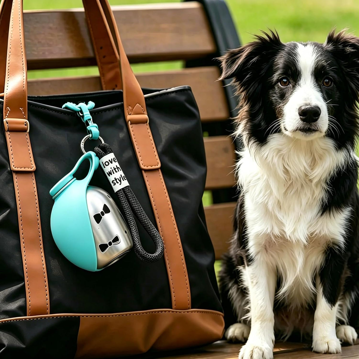 Trotzee bottle clipped to a bag, ready for a walk, with a border collie behind