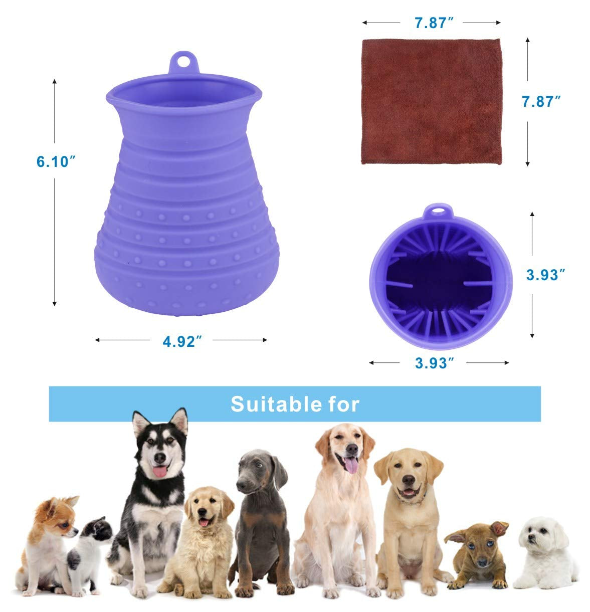 Dimensions of the paw cleaner cup and towel, and the dog sizes it suits