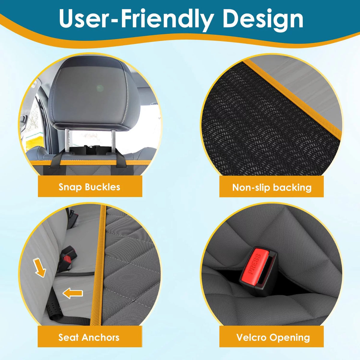 Close-ups of the snap buckles, non-slip backing, seat anchors and velcro opening