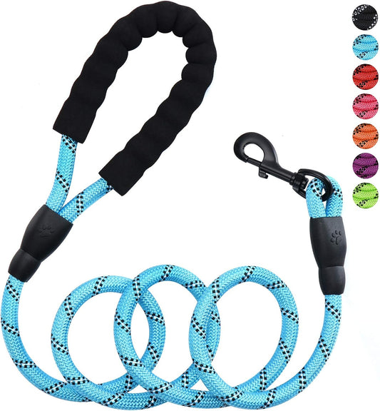 Trotzee reflective rope leash in baby blue, coiled, with padded handle