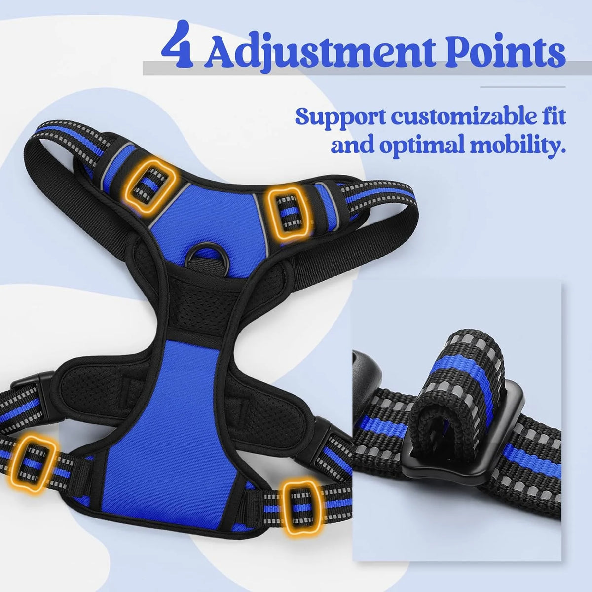 The harness laid flat showing the two leash rings and the control handle