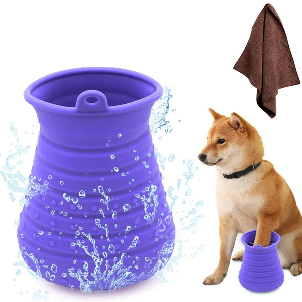 Trotzee paw cleaner cup in purple silicone with its towel