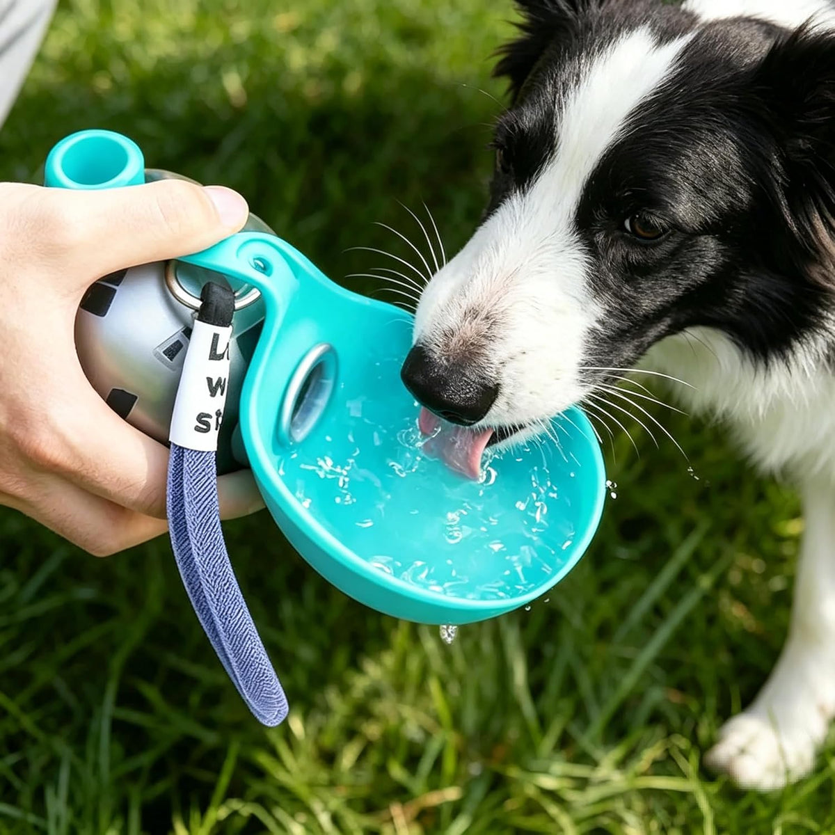 Hand holding the open Trotzee bottle with water in the silicone bowl, out on the grass